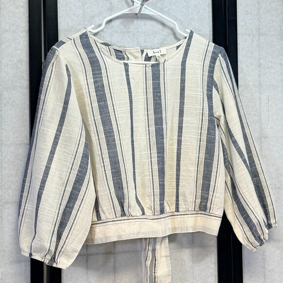 Love J Blue White Striped Crop Top L ¾ Sleeve Button Back Tie Nautical Chic Cool - Picture 3 of 12